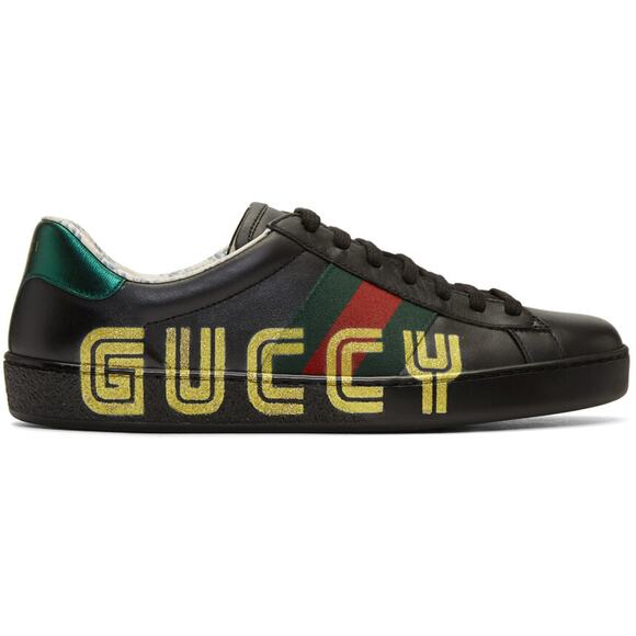 Gucci Mens Black New Ace Guccy Leather Gold Flat Low Top Lace Sneakers G 8 9